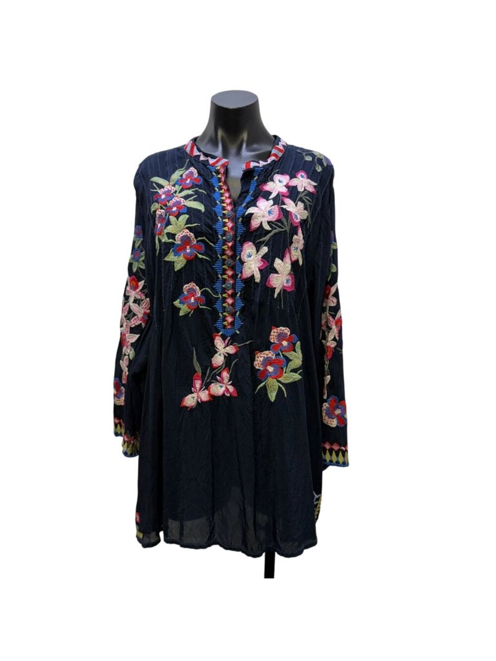 Johnny Was Embroidered Navy Floral Tunic Blouse 2XL